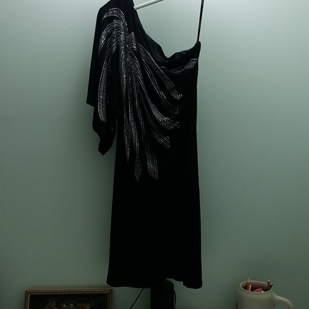 Black jeweled one shoulder dress